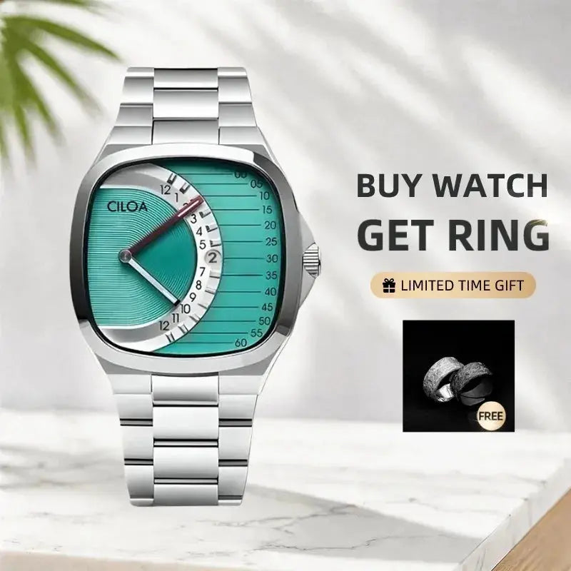 CILOA retro square men's watch with stainless steel bracelet and turquoise dial