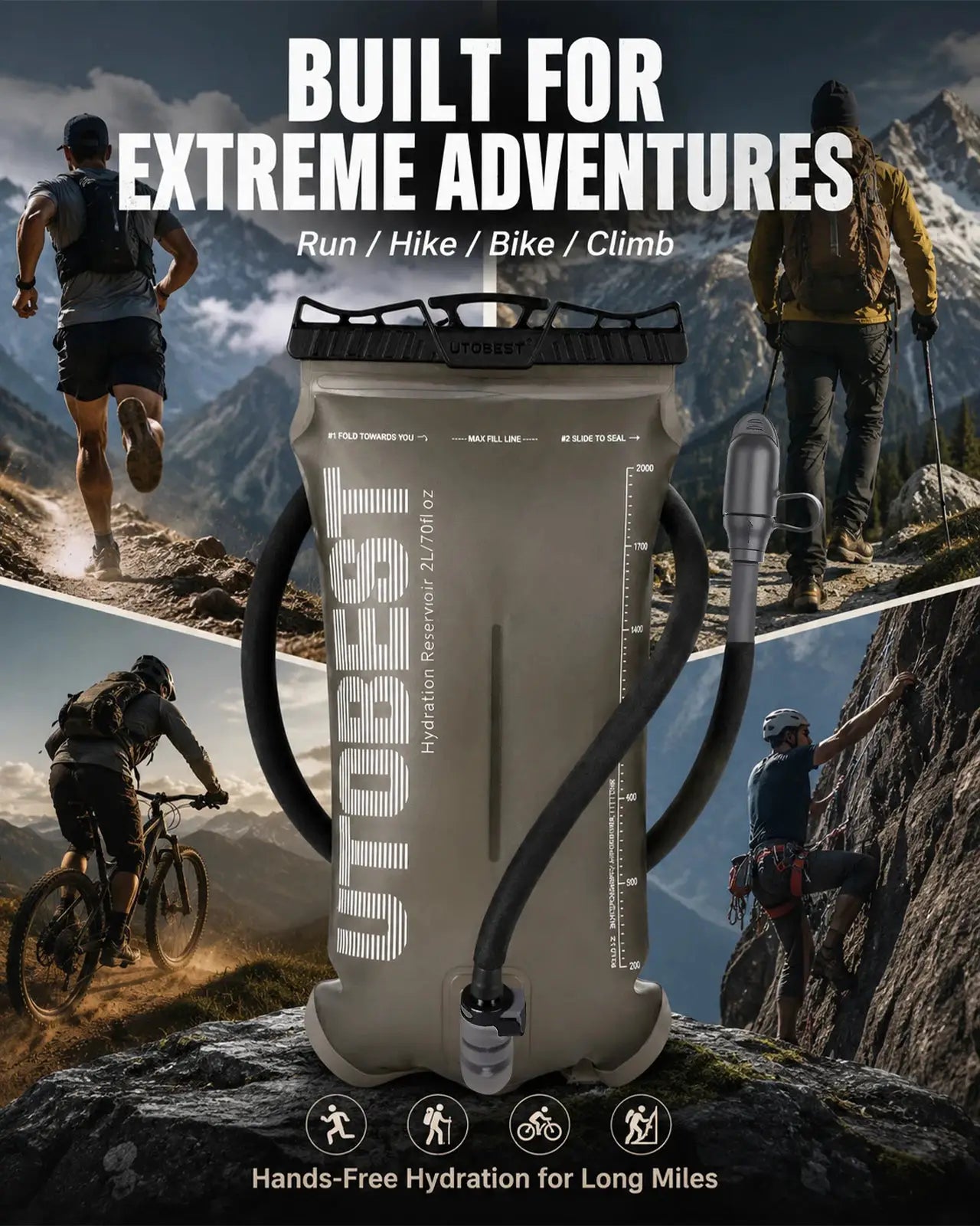 UTOBEST hydration bladder 1.5L/2L/3L TPU reservoir, gray water bag for camping, cycling, running, hiking