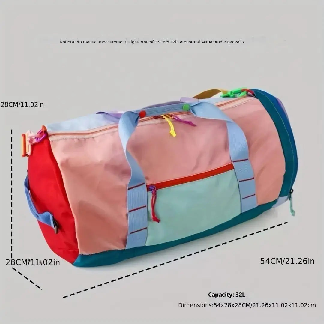 Alpaca-pattern nylon tote bag; color-block pink, teal, and blue with light-blue handles, unisex crossbody travel bag