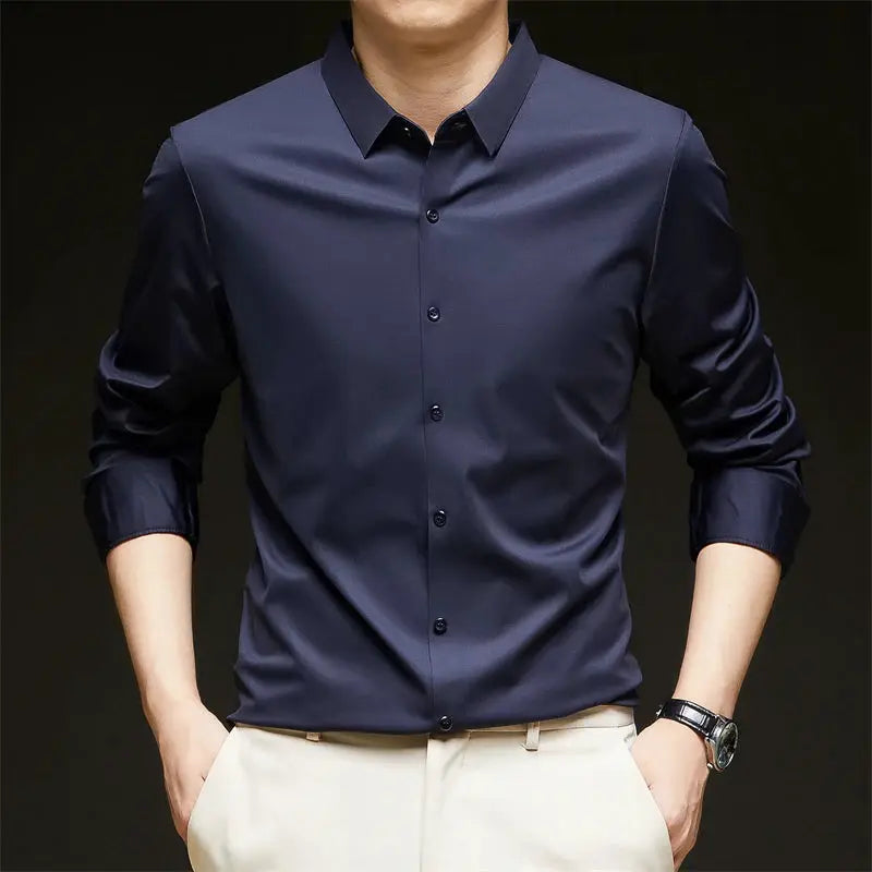 Simples Market men's navy blue solid-color wrinkle-resistant long-sleeve business casual shirt