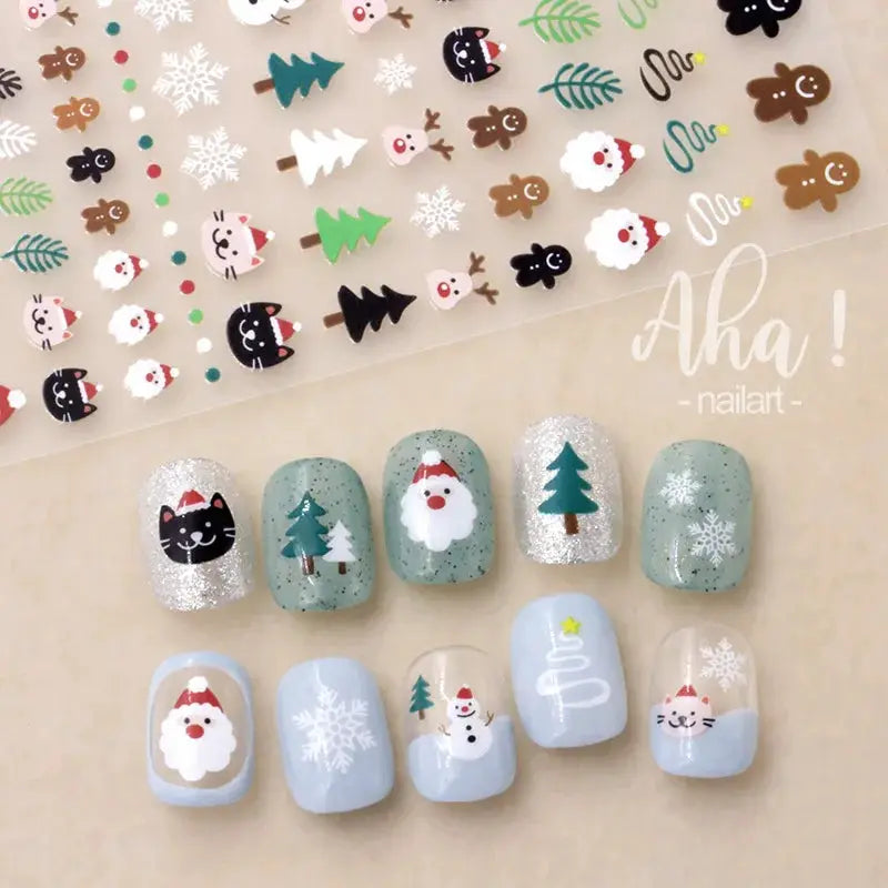 Winter Christmas nail stickers sheet by Aha! nailart; self-adhesive deco with snowmen, snowflakes, trees and reindeer