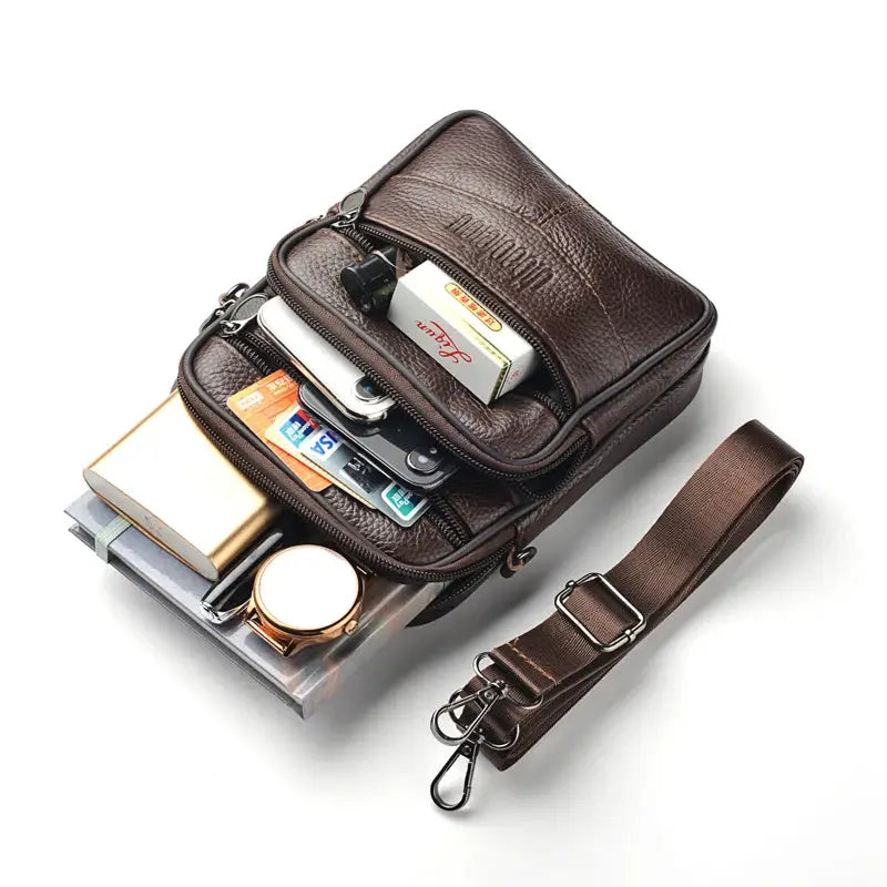 Men's genuine leather crossbody bag by Simples Market in brown with multiple zip pockets and adjustable strap