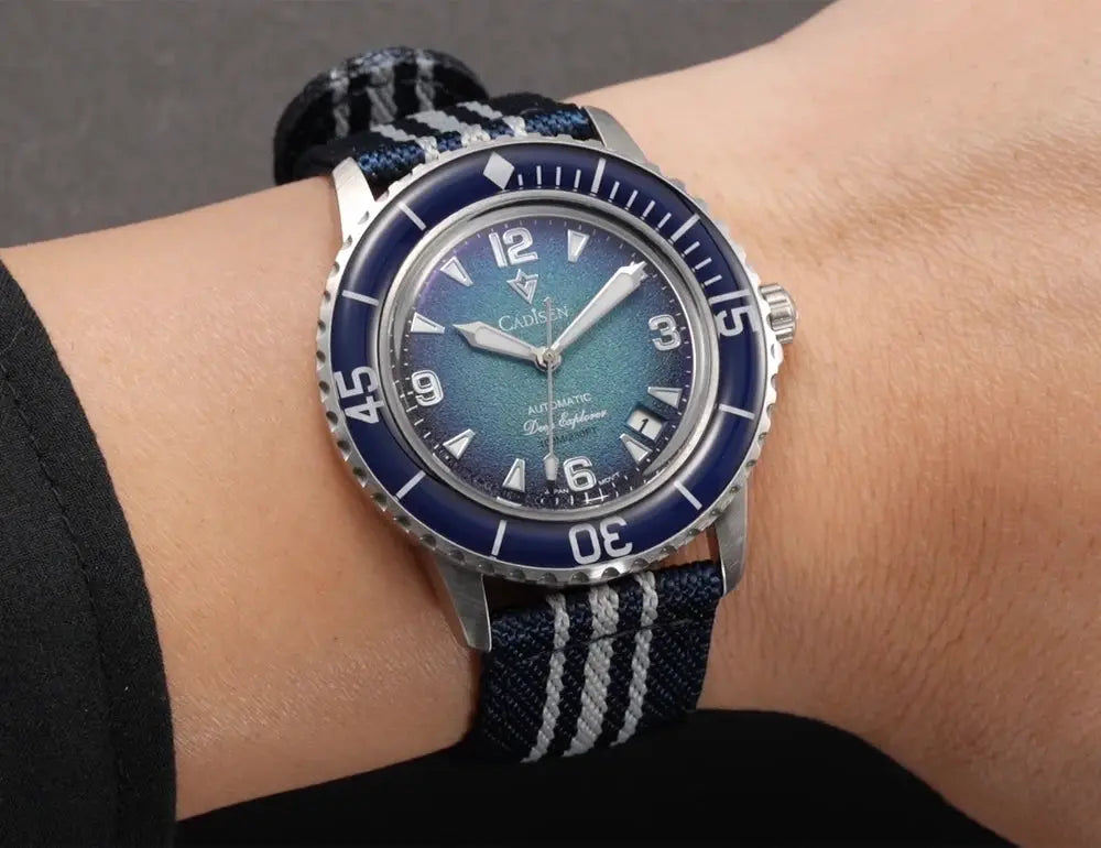 CADISEN Deep Explorer automatic watch with blue dial and canvas strap
