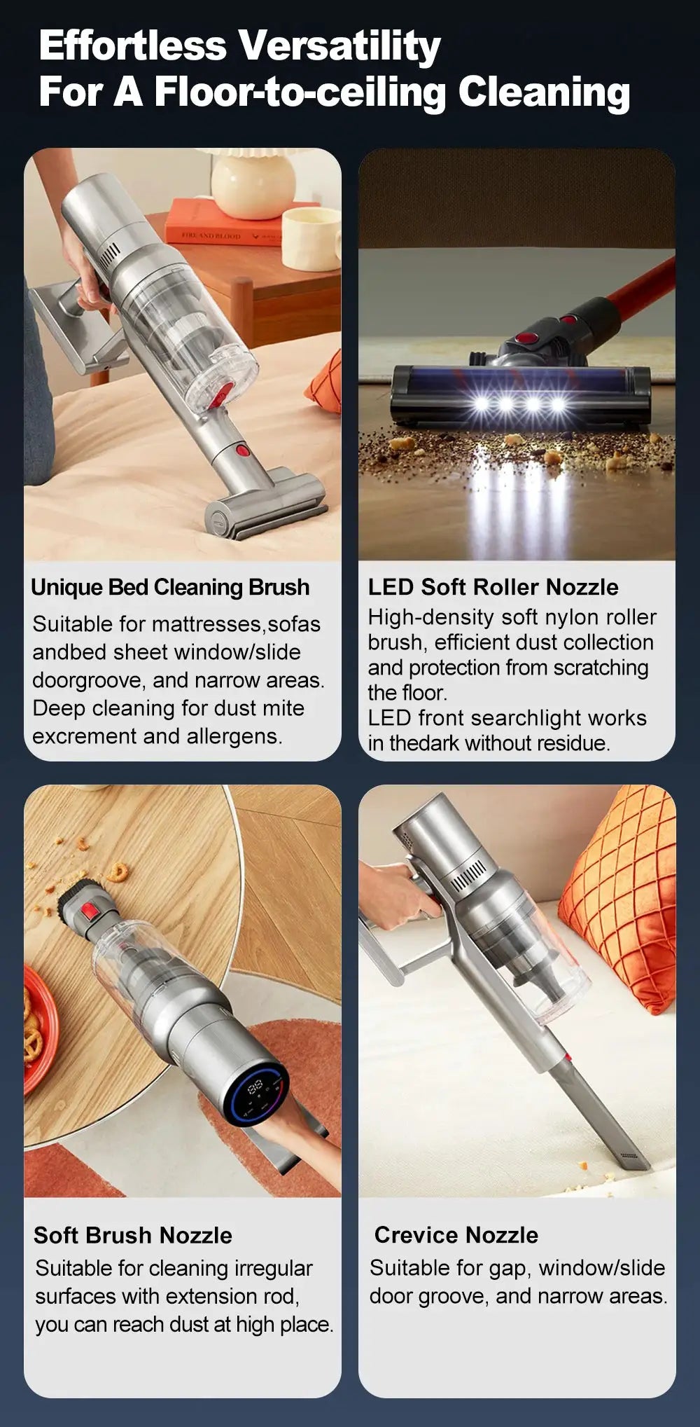 ABIR VC205 cordless handheld vacuum by Simples Market; silver with 4 nozzle attachments