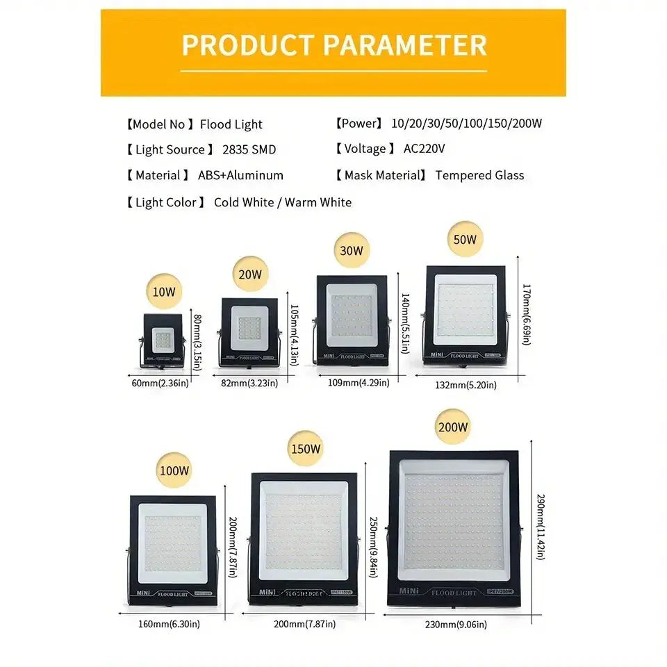 Waterproof IP67 LED flood light set by Simples Market, black ABS+aluminum housing, 7 sizes 10W-200W