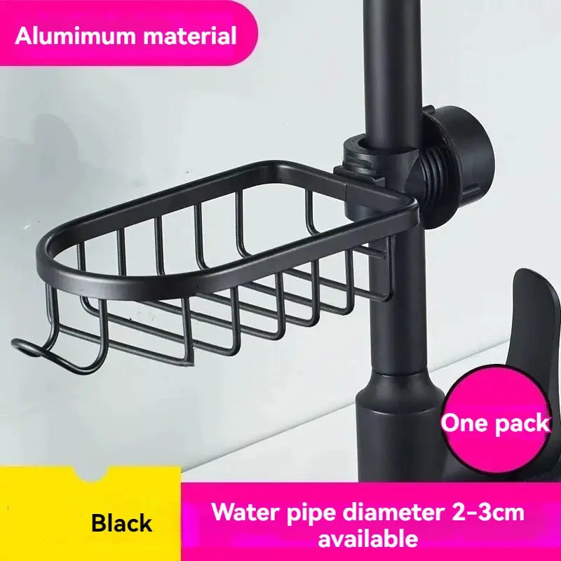 Shower rack basket, black aluminum, punch-free wall-mount for shower rod; bathroom storage, 1 pack