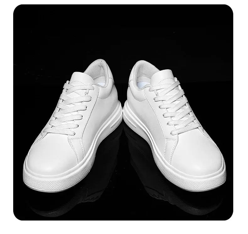 Men's white leather elevator sneakers, pair with lace-up design, by Simples Market