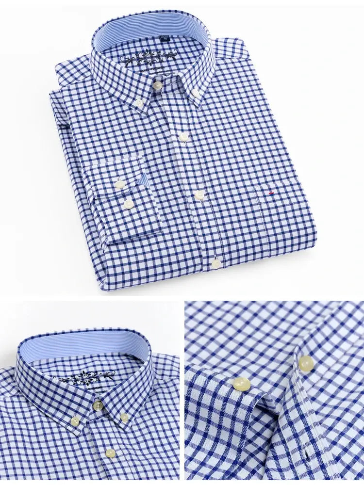 Men's Simples Market blue and white gingham Oxford long-sleeve button-down shirt with a chest pocket, regular fit