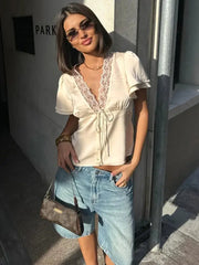 Lace Up Hollow Out Cropped V Neck T Shirt For Women Lightweight Polyester Summer Top