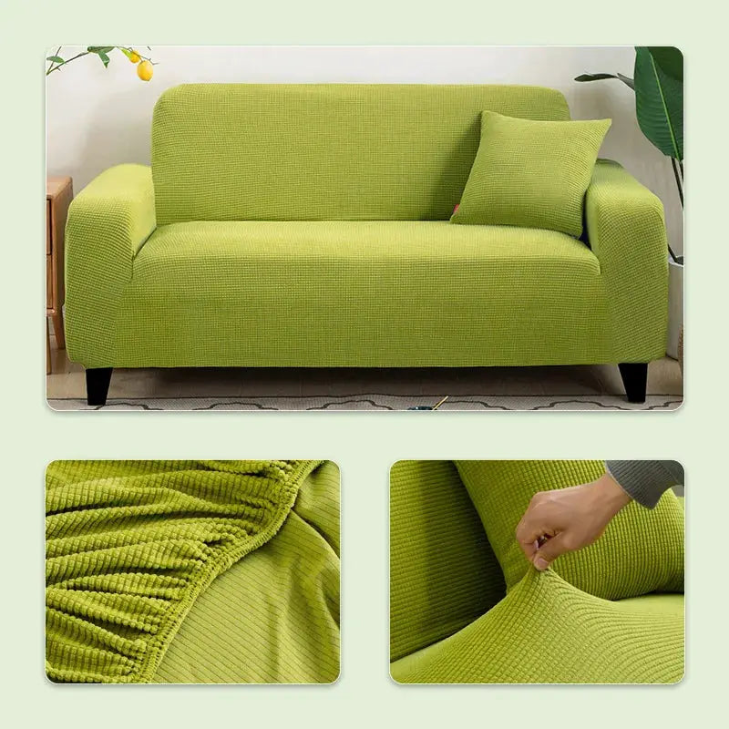 Elastic jacquard sofa cover in lime green with textured fabric; three-view collage