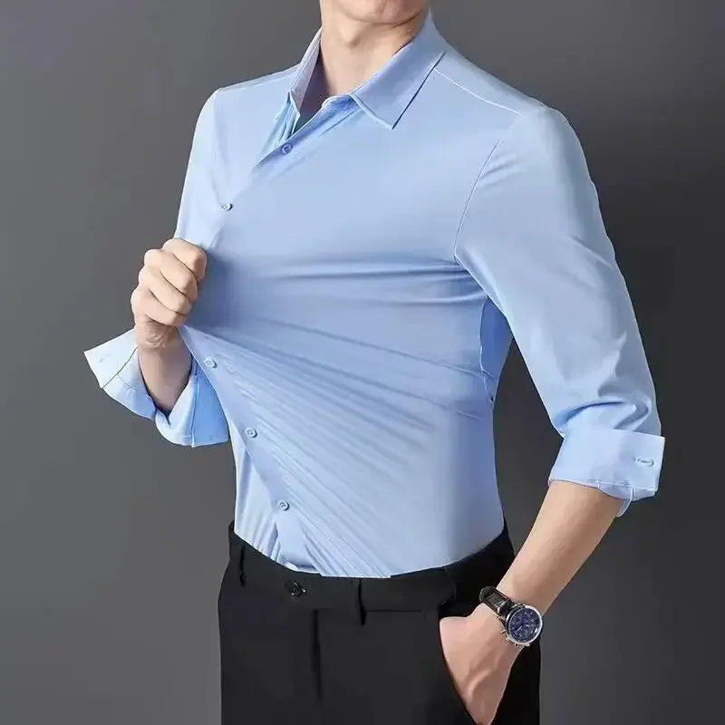 Men's light blue ultra-stretch silky dress shirt with rolled sleeves.