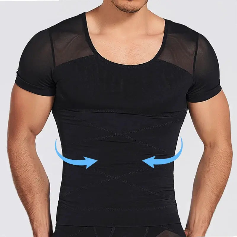 Mens mesh body shaper undershirt by Simples Market, black short-sleeve compression top with belly control