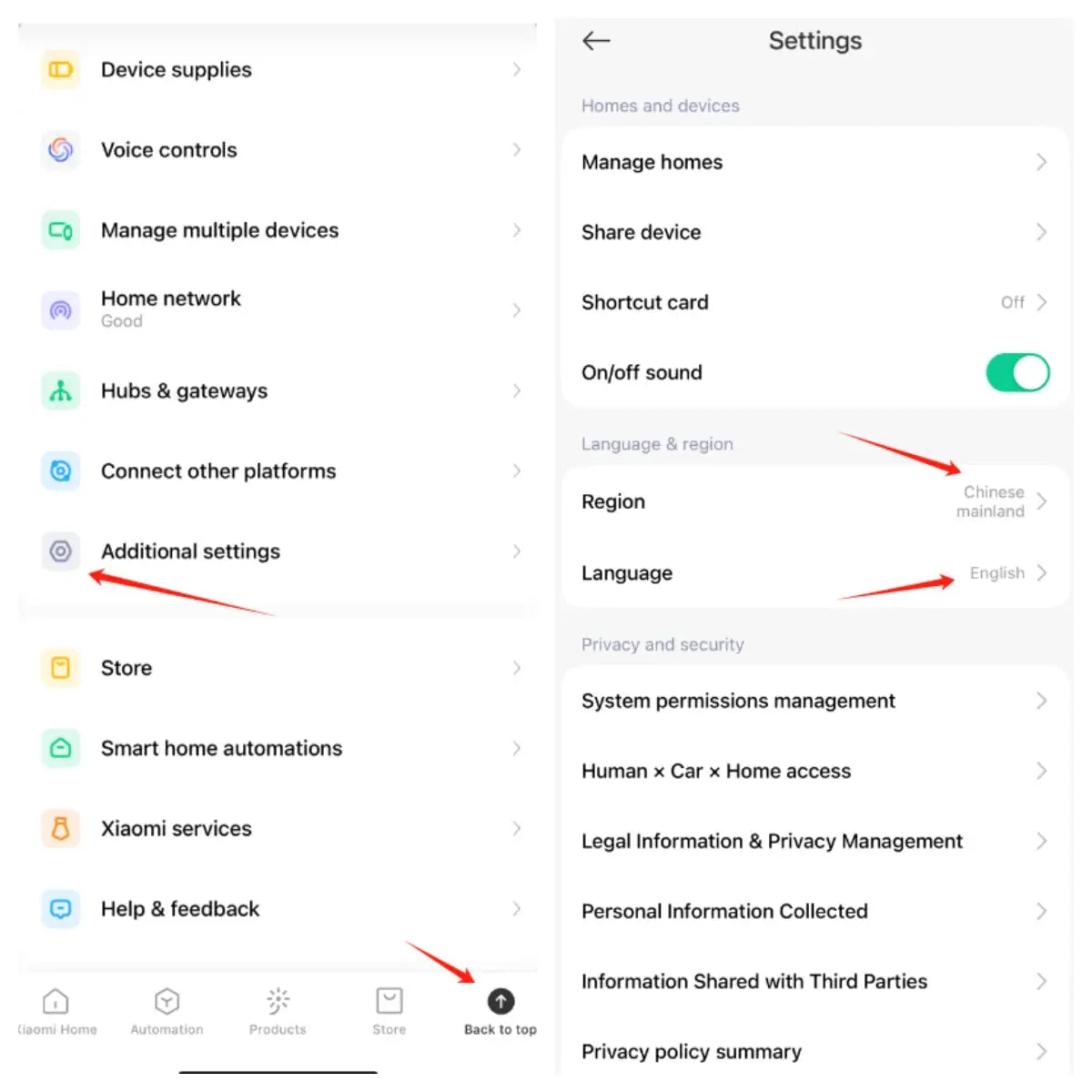 Xiaomi Mijia AW300 outdoor camera settings in Mi Home app UI showing Region and Language options