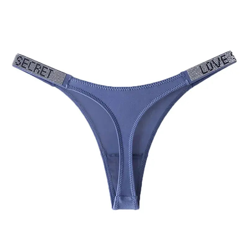 Low waist blue thong with rhinestone-lettered straps reading SECRET and LOVE