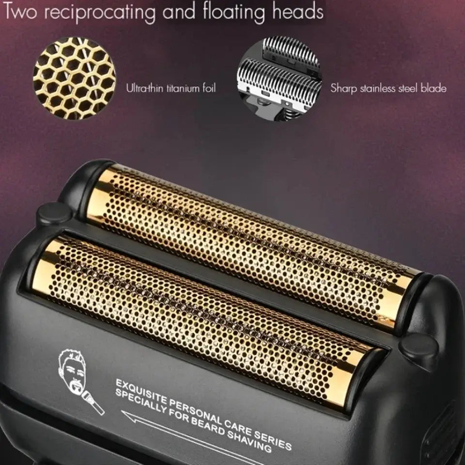 WMARK dual-foil beard shaver with titanium-plated gold heads and black body