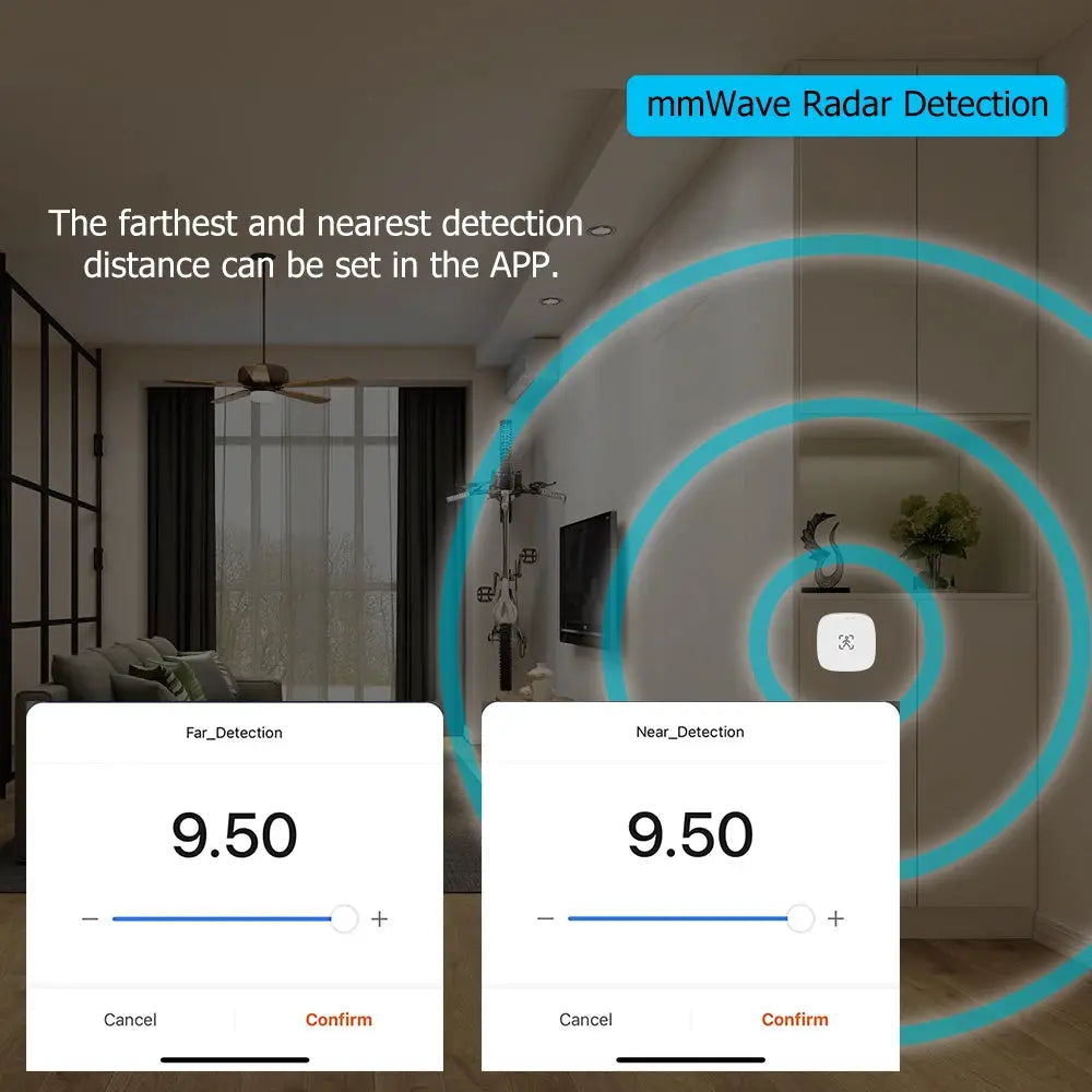 Simples Market ZigBee WiFi mmWave motion sensor with luminance and distance detection, white device in living room.