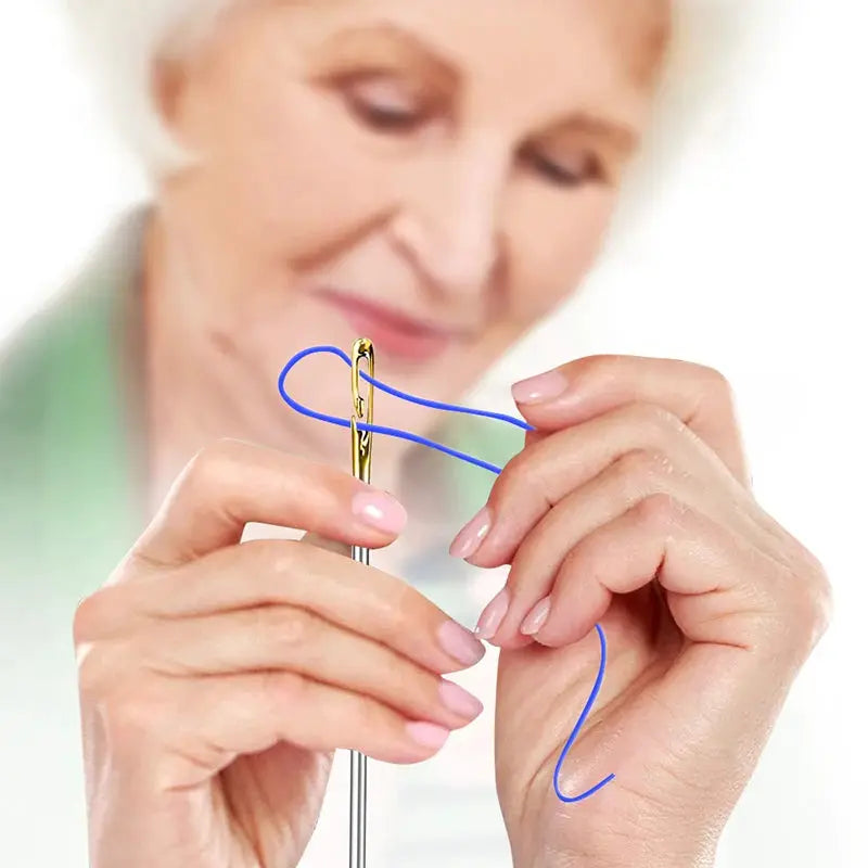 Blind needle threading tool for elderly users, stainless steel with blue thread
