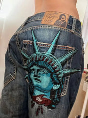 Y2K High Waist Wide Leg Denim Jeans Harajuku Vintage Diamonds
