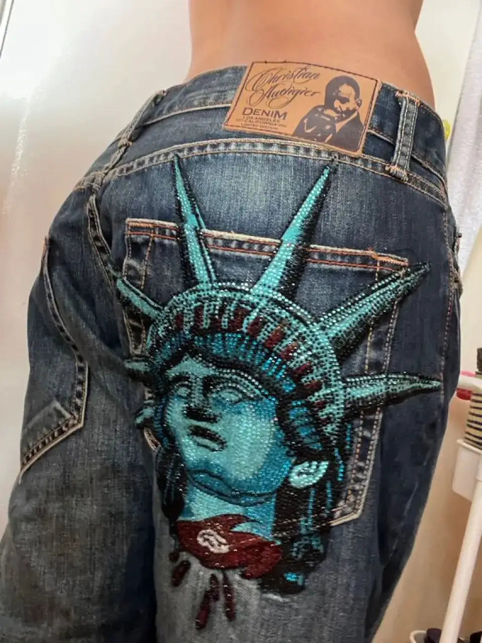 Y2K Baggy Wide Leg Jeans Embroidered Buddha Harajuku High Waist Denim