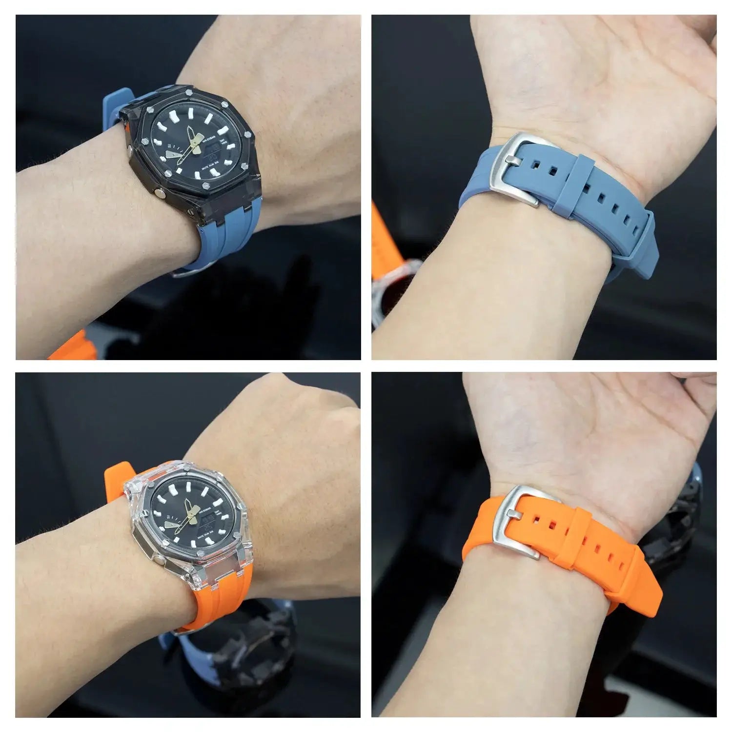 Transparent mod kit for Casioak GA2100/GA2110 with blue and orange rubber straps and PC case Simples Market