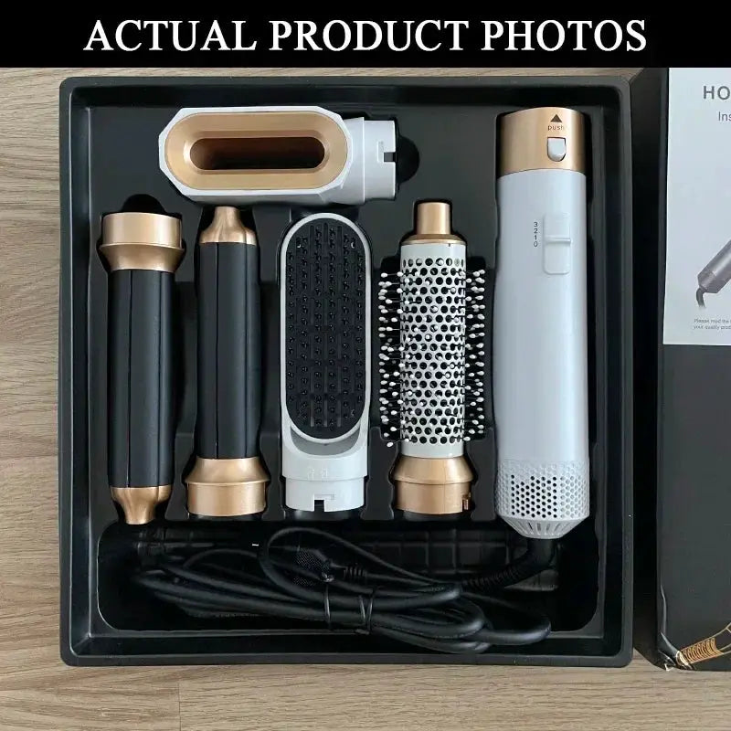 Simples Market 5-in-1 hair dryer brush set with multiple attachments in black and rose gold.