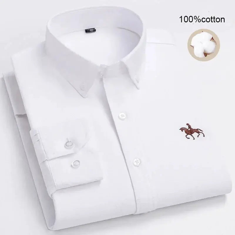 Men's white 100% cotton Oxford dress shirt with brown horse embroidery, long sleeves