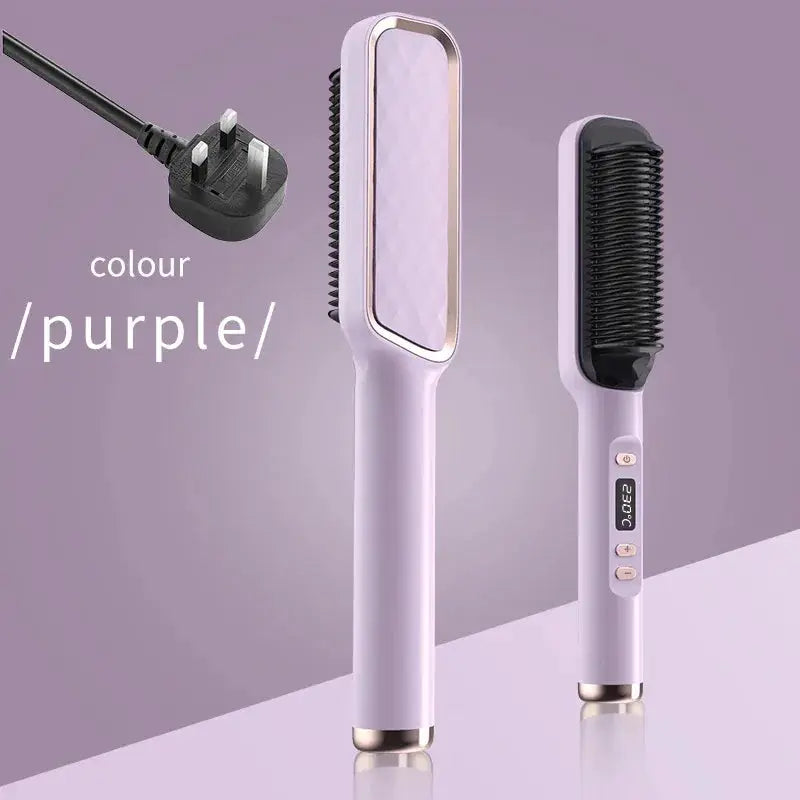 Electric hot comb straightener brush set in purple by Simples Market with digital display and anti-scald design