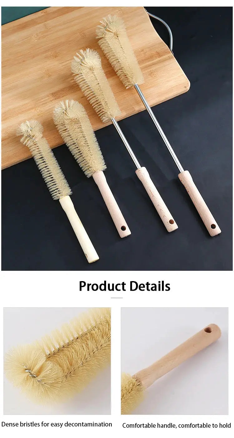 Set of 4 wooden-handled bottle cleaning brushes with long metal shafts and natural beige bristles
