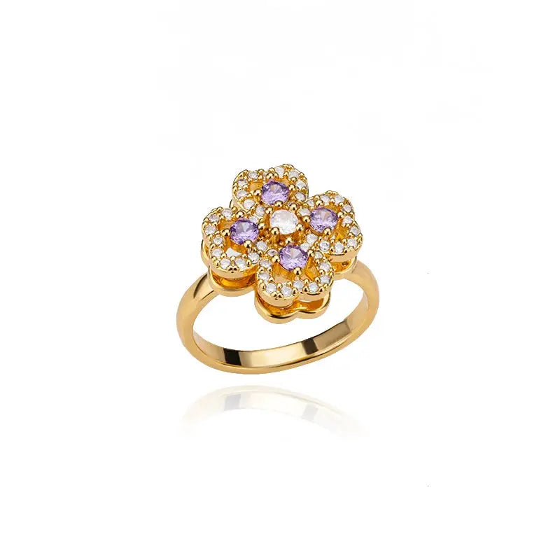 Spinner Zircon Heart Four Leaf Clover Ring For Women Stainless Steel Anti Stress Fidget Jewelry Christmas Gift