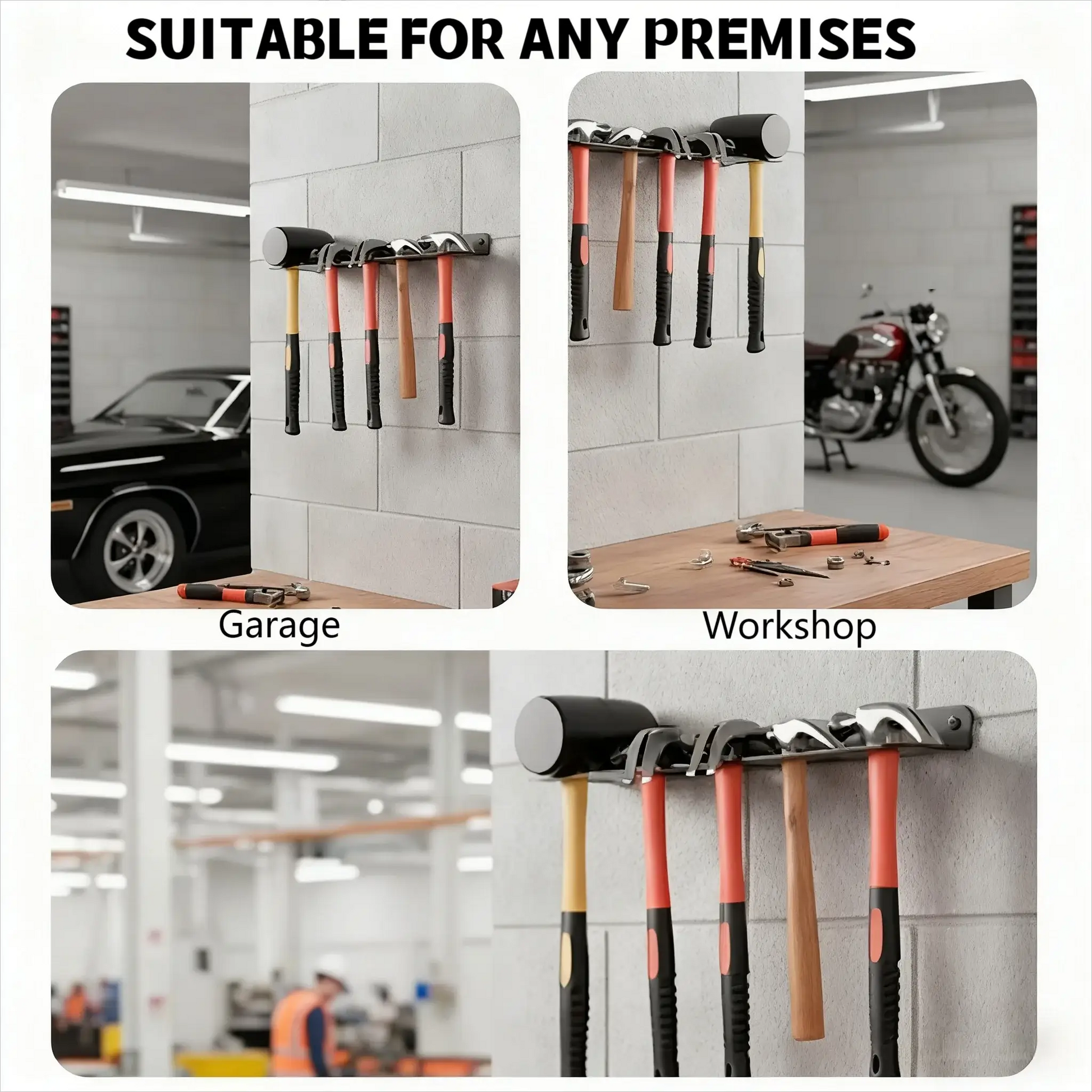Heavy-Duty wall-mounted hammer rack by Simples Market holding several red-handled hammers in a garage.