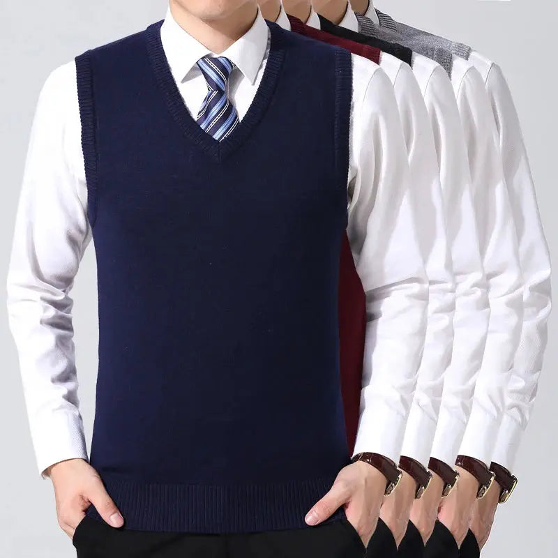 Men's casual navy sweater vest by Simples Market worn over white shirt with striped tie, multiple color options shown.
