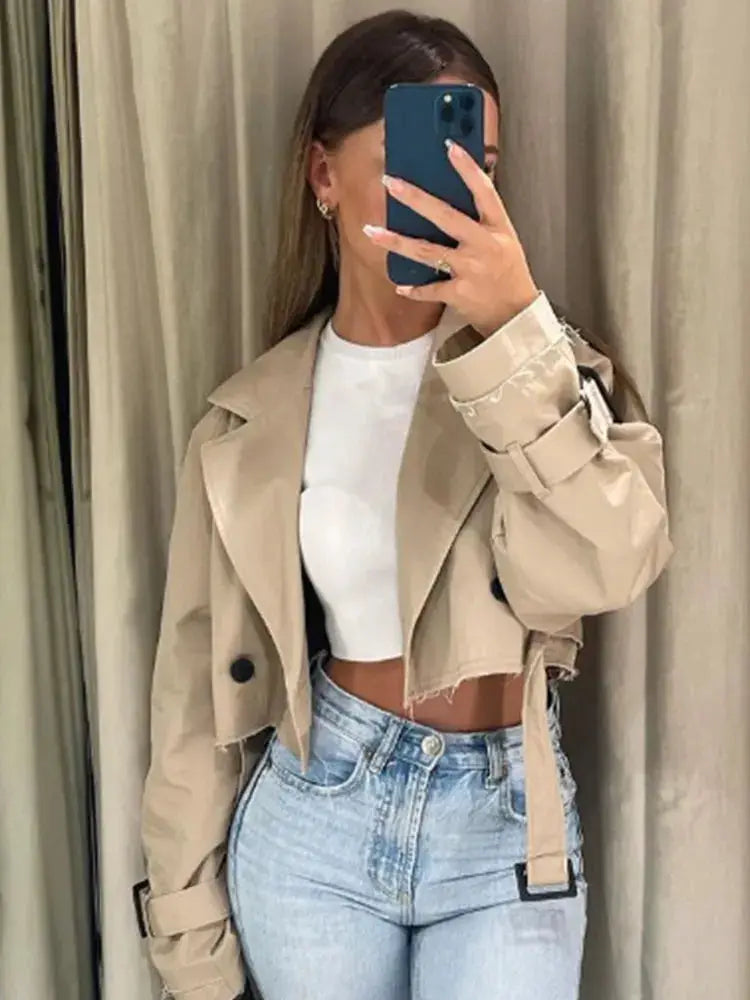 Belted Cropped Trench Coat For Women Vintage Double Breasted Spring Jacket With Long Sleeves Timeless Style
