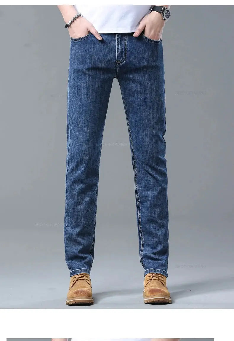 Men's light blue slim-fit jeans with stretch denim by Simples Market, casual denim pants