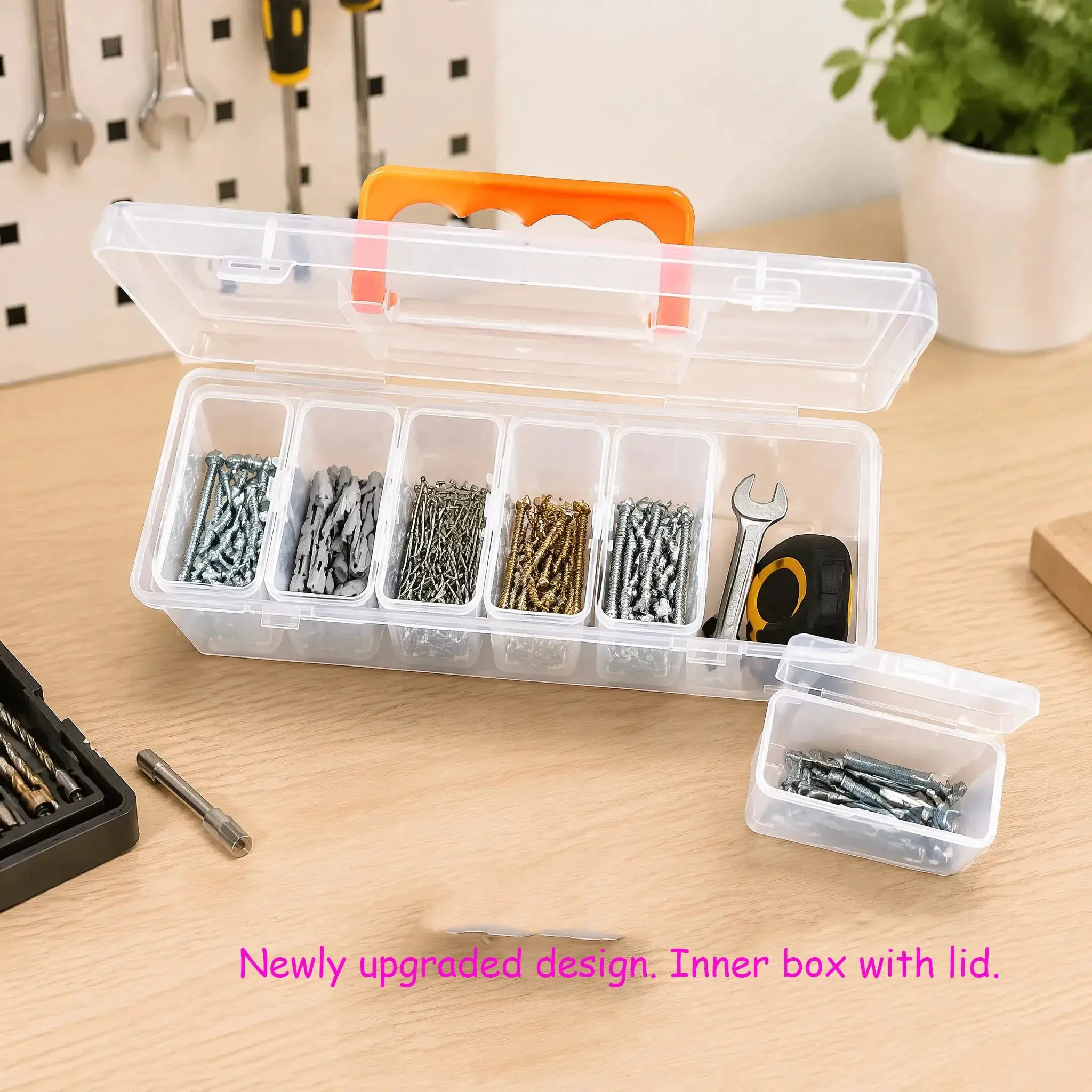 Hardware tool storage box by Simples Market, transparent multi-compartment organizer with orange handle