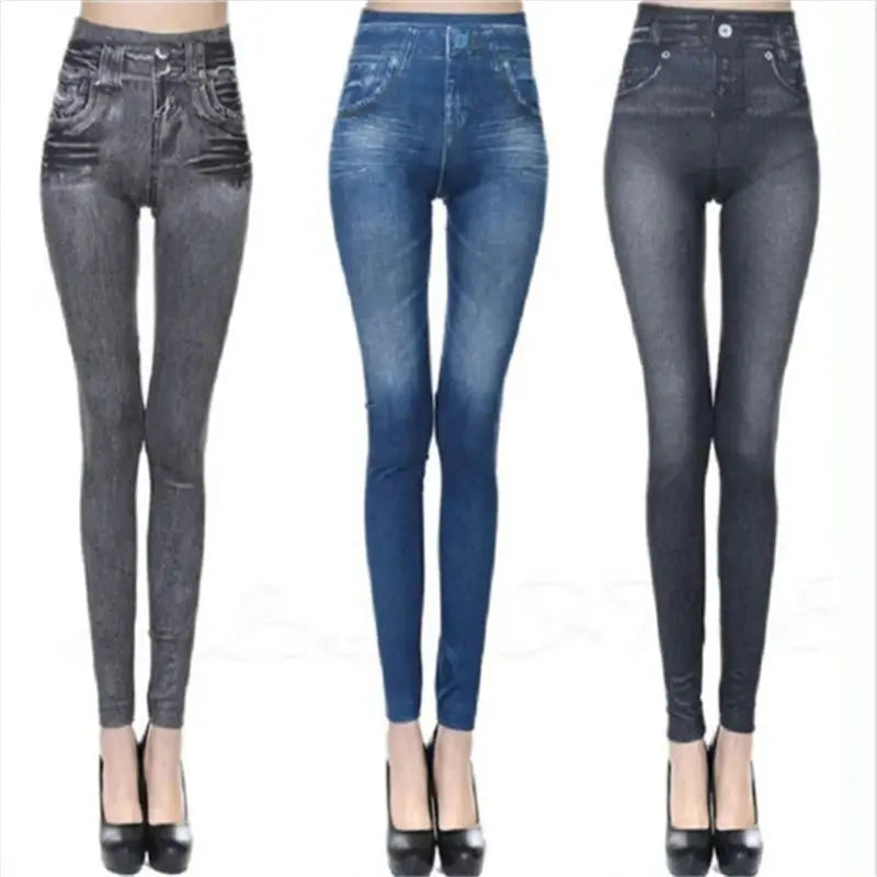 Three Ultra High Stretch Denim-Inspired Leggings for Women in grey, blue, and charcoal with high waist and slim fit