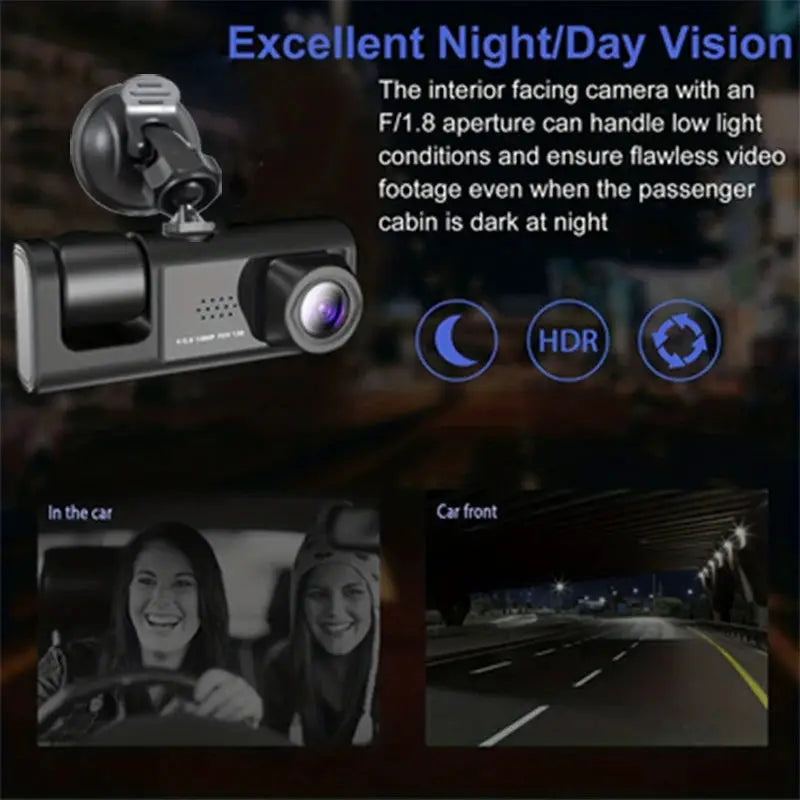 Simples Market dash cam with IR night vision, 2-inch IPS display, 1080P 3-camera DVR