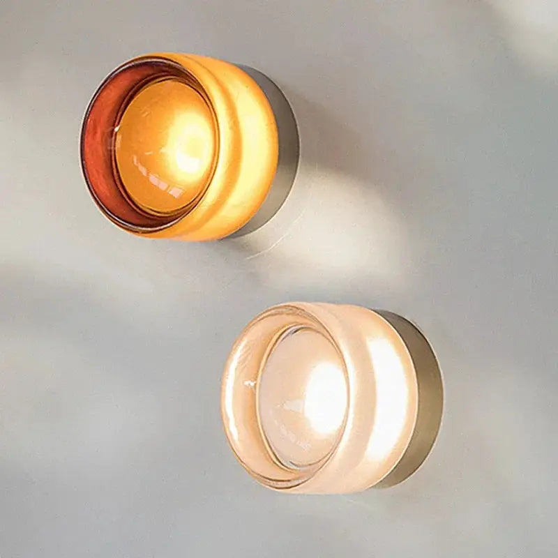 Modern LED wall lamp pair; amber jelly glass and smoky grey wall sconces