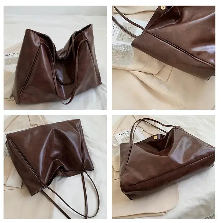Brown PU leather tote bag with long straps, large capacity casual retro crossbody bucket bag
