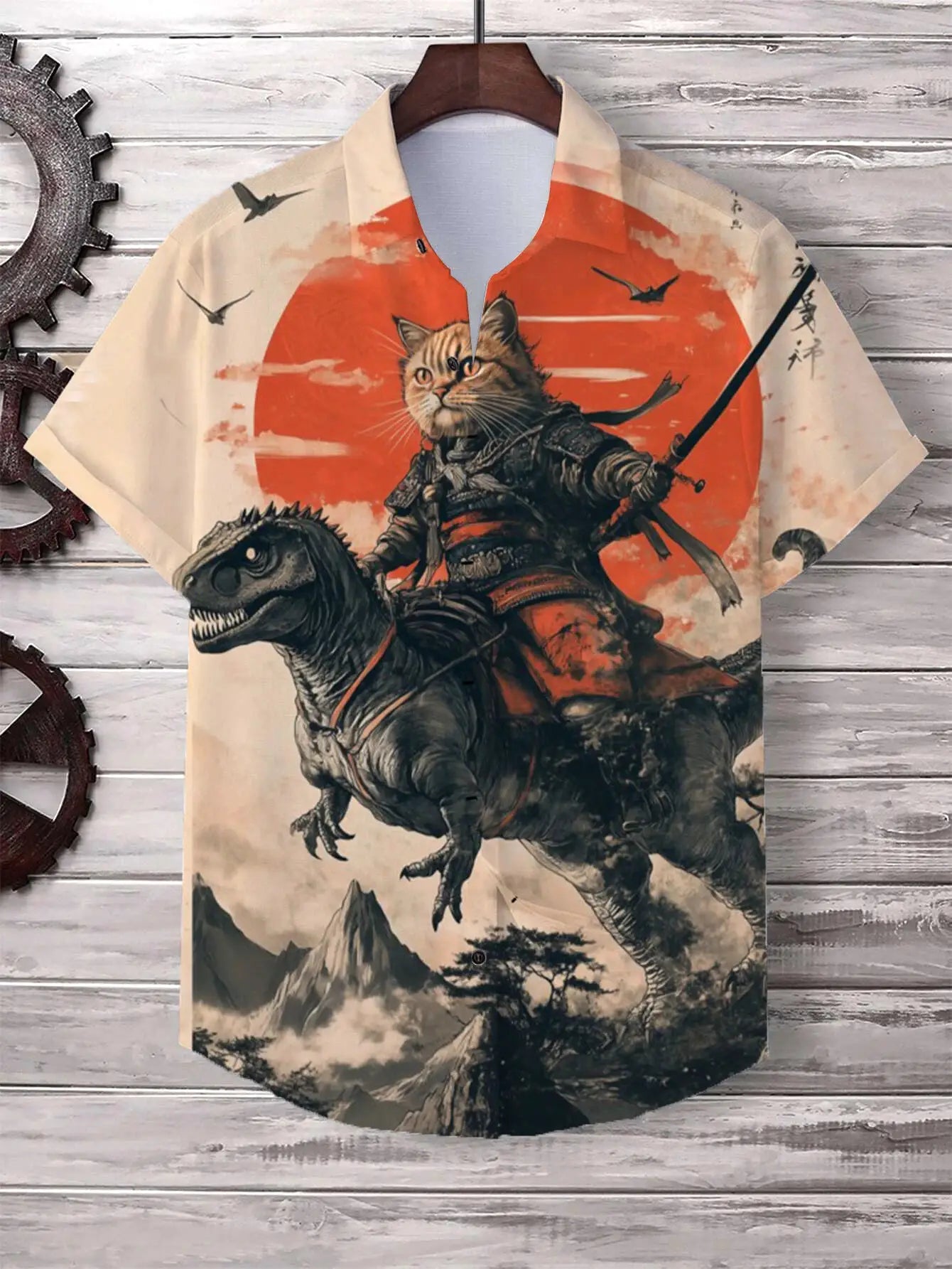 Men's Simples Market cat graphic Hawaiian shirt; beige short-sleeve with armored cat riding a horse under an orange sun