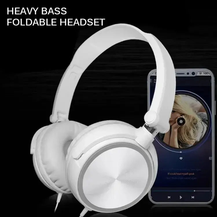 Wired headphones by Simples Market, white foldable over-ear headset with 3.5mm bass stereo and microphone