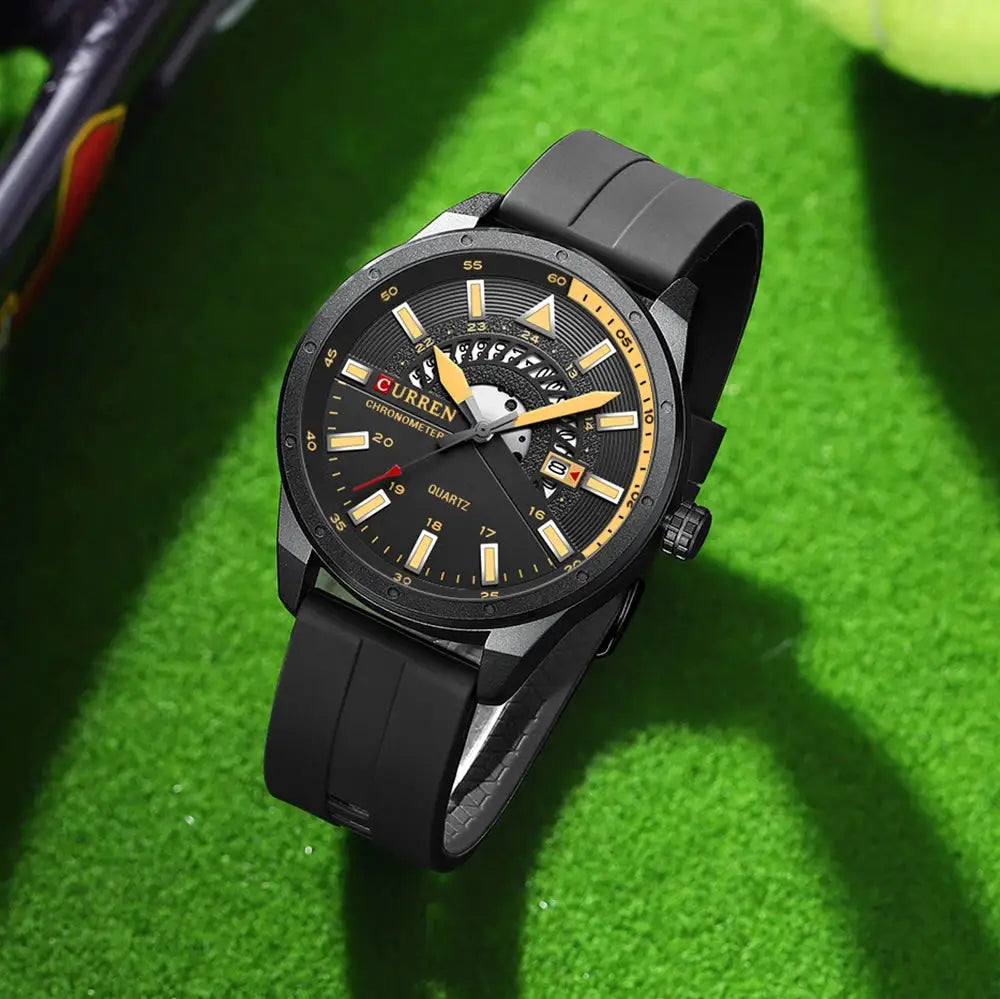 CURREN men’s luxury wristwatch with black silicone strap, black dial, gold-tone hands and date window