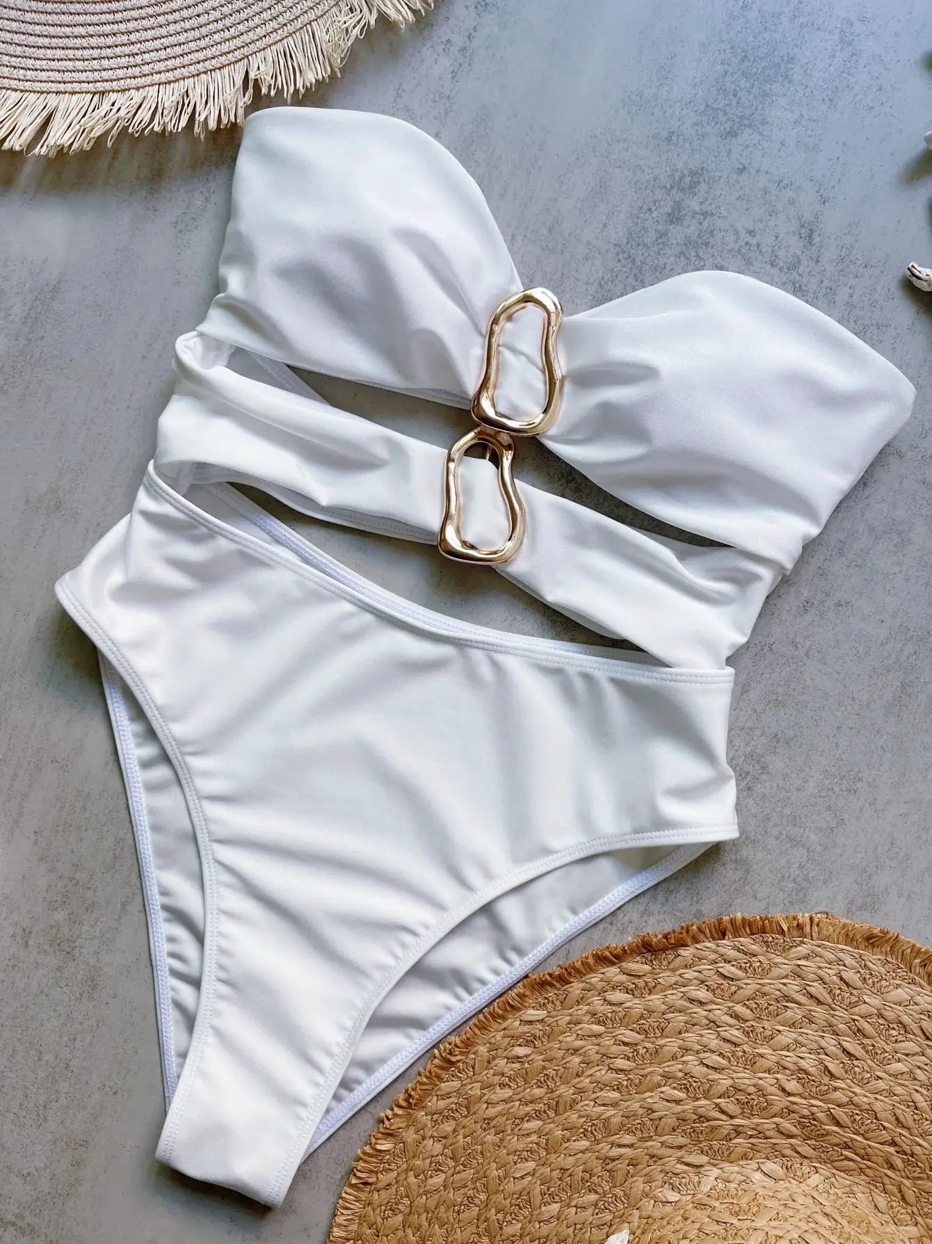 3 Colors Sexy Metal Rings Cut Out Women Neoprene Swimwear One Piece Bandeau High Leg Bathing Suit