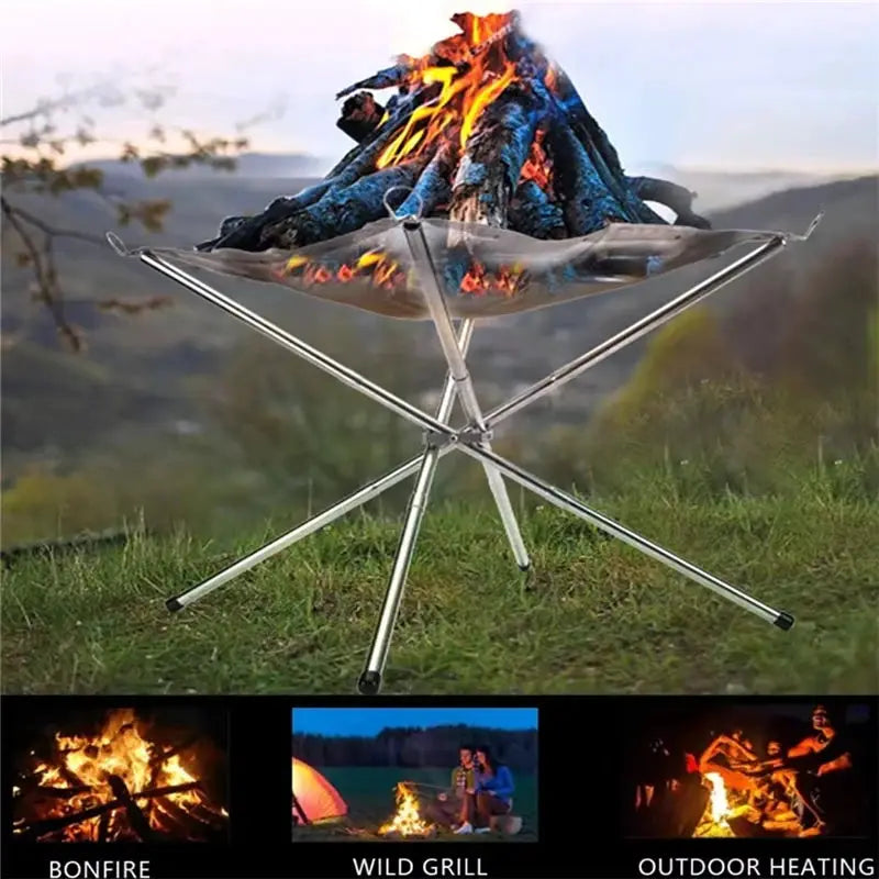 Stainless steel portable bonfire rack with foldable tripod frame and mesh fire pit bowl