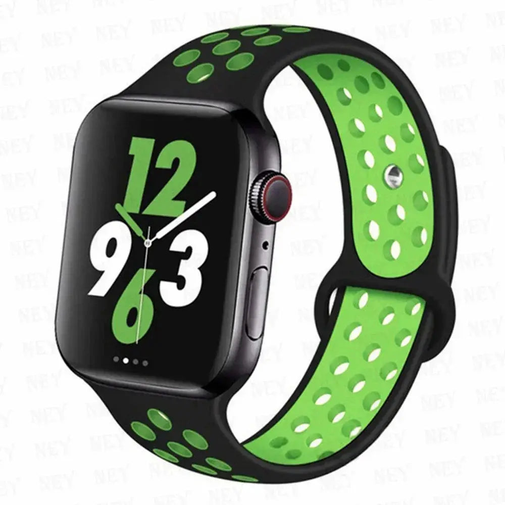 Simples Market silicone sport strap for Apple Watch; black with lime-green perforated inner, 38–49mm.