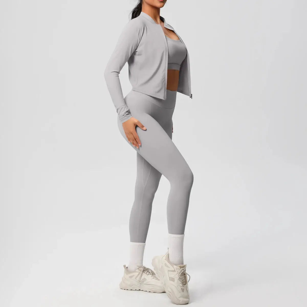 3 Piece Yoga Set for Women Sports Bra Zipper Jacket Leggings Gym Wear