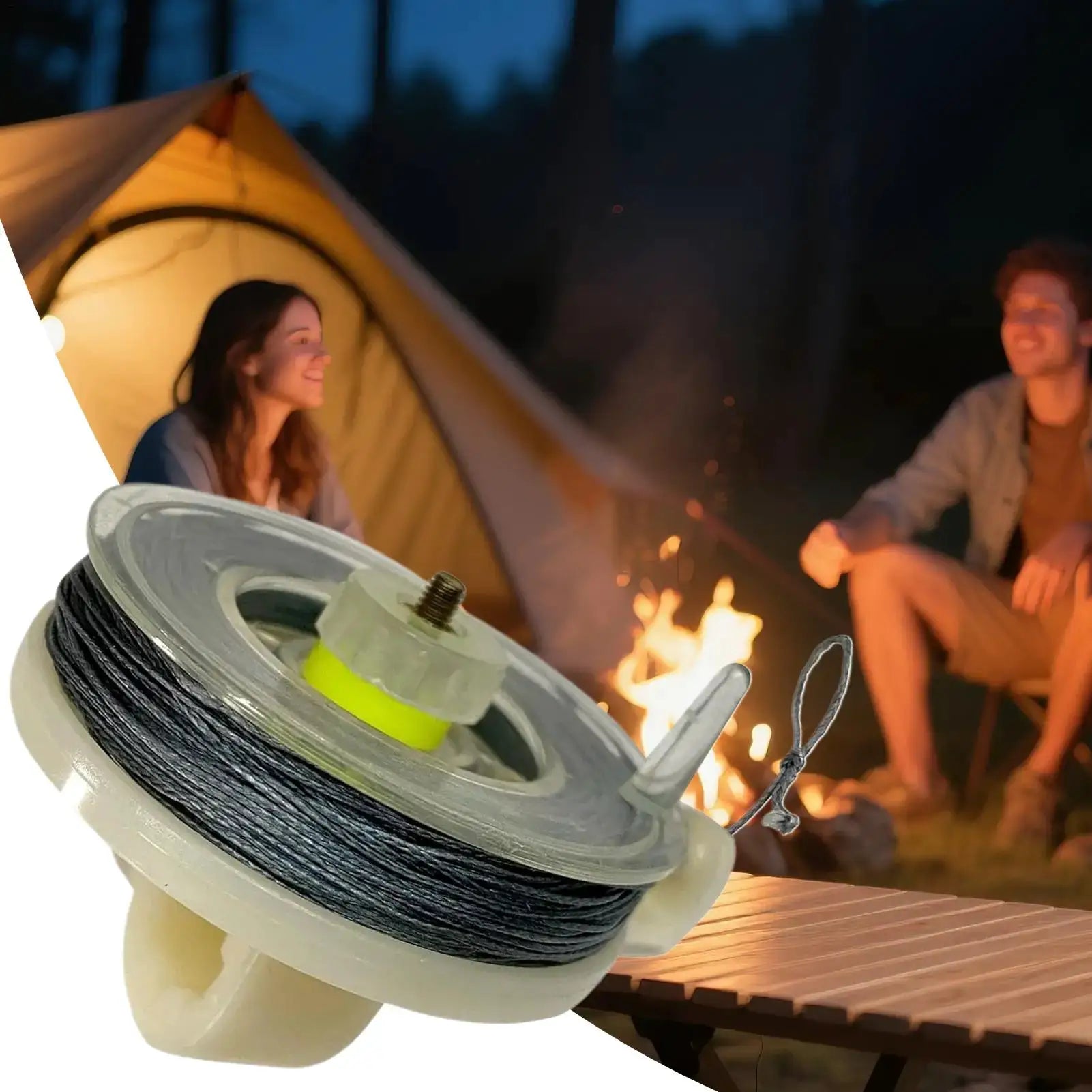 Perimeter alarm trip line spool with weatherproof black wire for camping security
