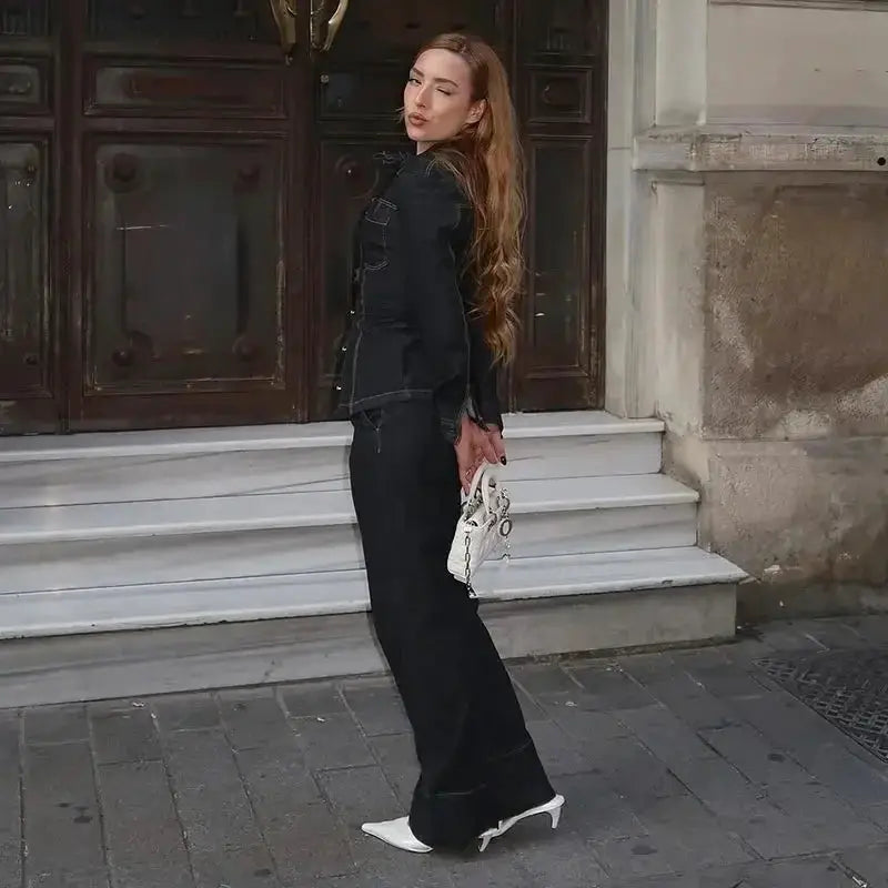 Mujer 2025 Denim Pants Set Button Up Shirt High Waist Trousers