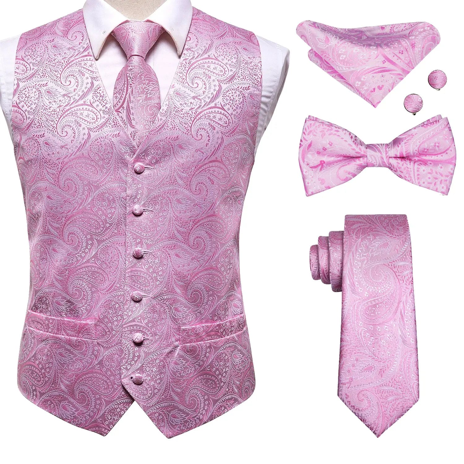 6-piece pink paisley mens waistcoat set with tie, bow tie, pocket square, handkerchief and cufflinks