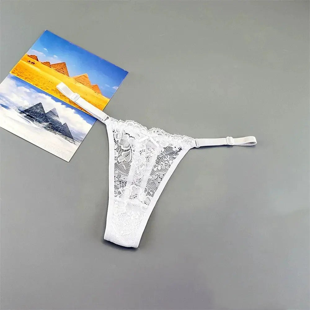 White lace thong underwear by Simples Market, adjustable low-rise T-back panty