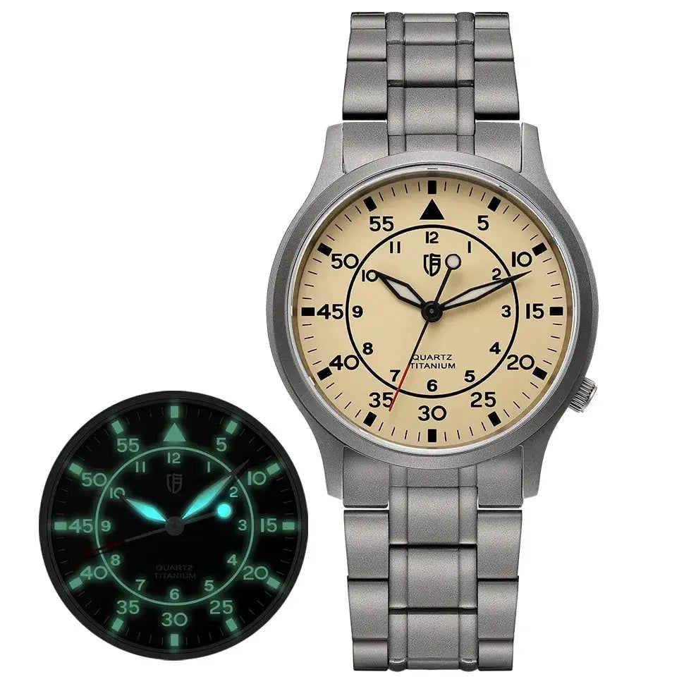 BERNY titanium men's watch with beige dial and glow-in-the-dark hands, two views shown